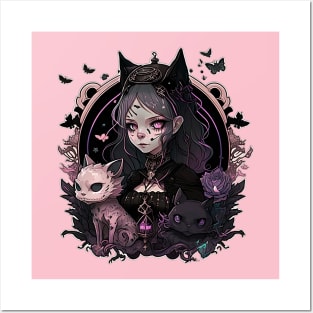 Anime Girl Gothic Girl Nature Kitten Floral Posters and Art